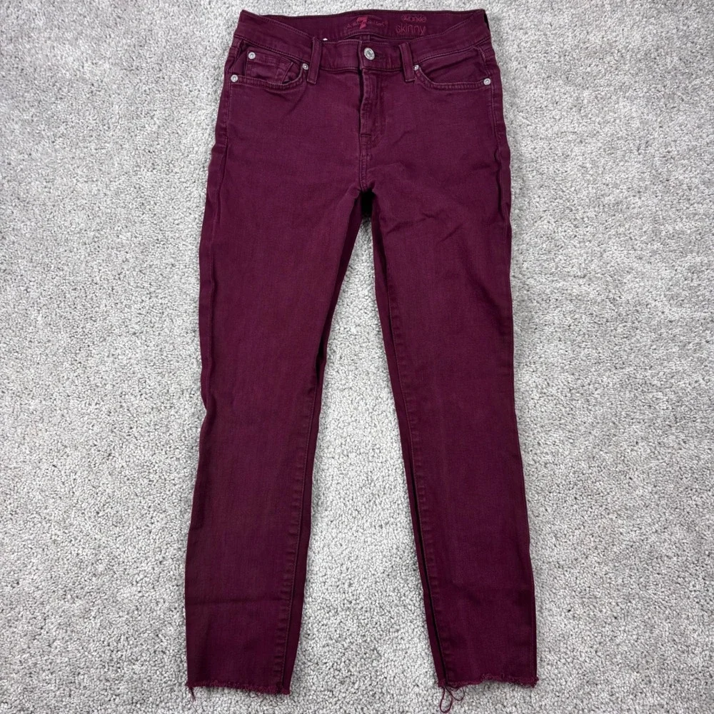 7 For All‎ Mankind The Ankle Skinny Jeans Maroon Burgundy Raw Hem Size 26 Womens